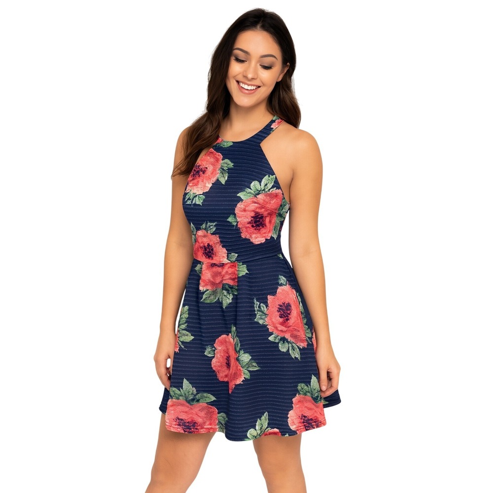 Crystal Doll Dress Junior 11 Navy Blue Coral Floral Fit Flare Sleeveless New
